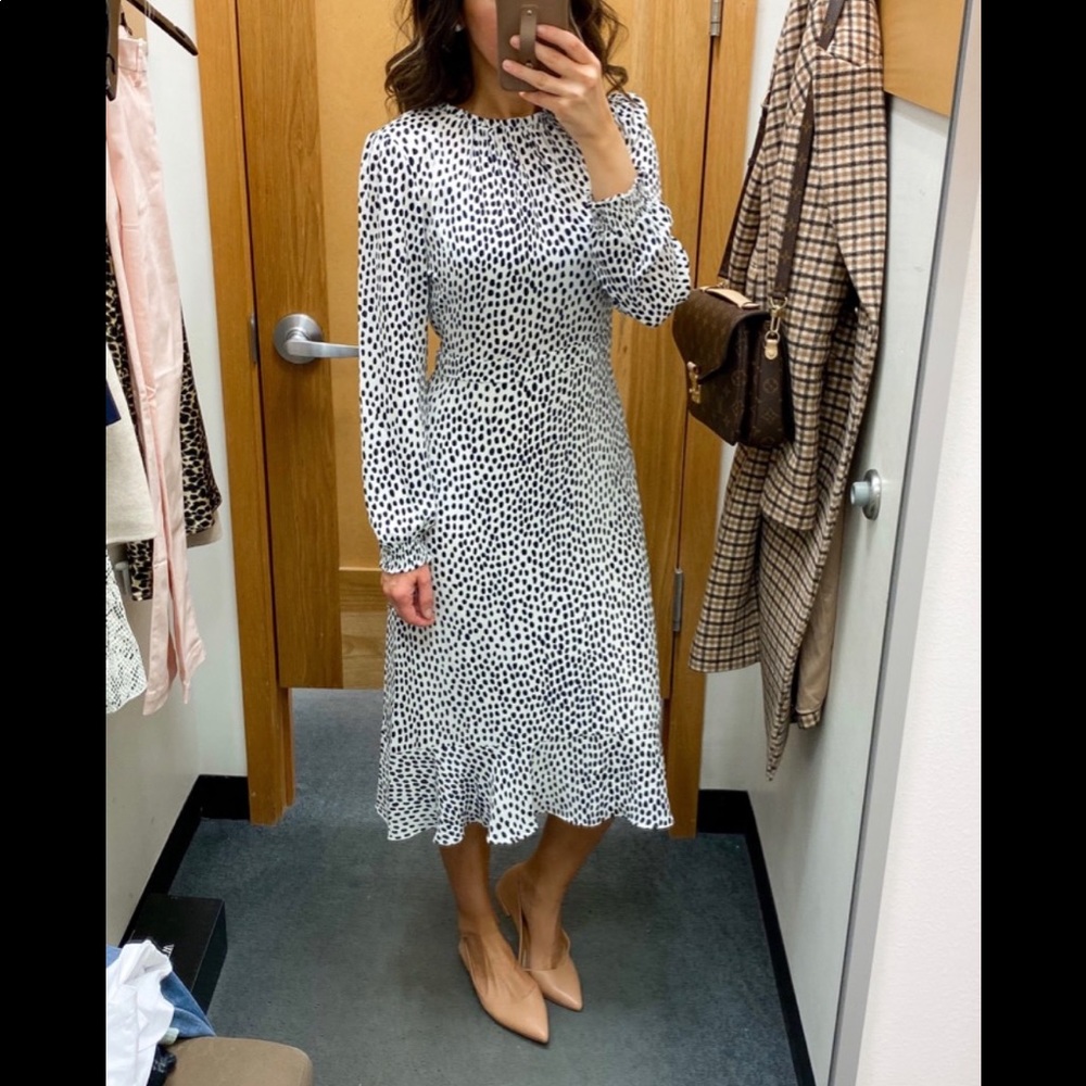J. Crew White Midi Dress with Black Polka-Dot Print